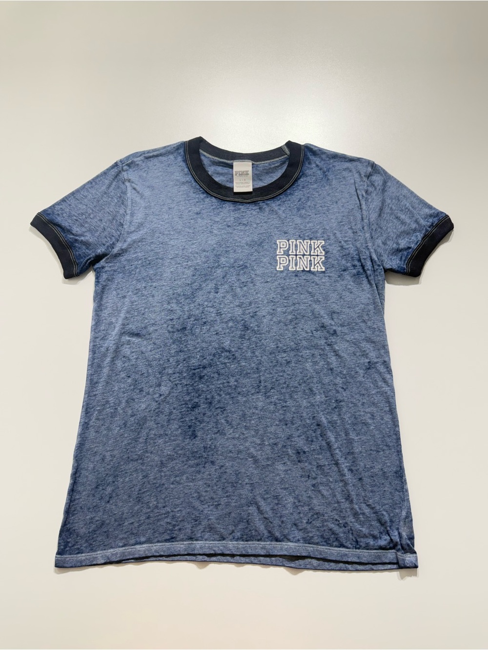 PINK Victoria's Secret Blue Heather Ringer Tee with Navy Trim Sz L